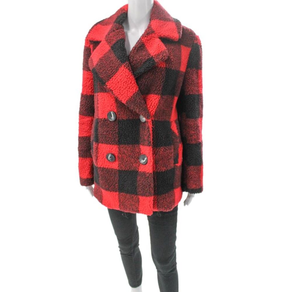 French Connection Women Red Plaid Pea Coat Button Polyester Long Sleeve Size S